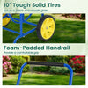 10" tough solid tires and foam-padded handrail of the blue garden hose reel cart for easy maneuverability.