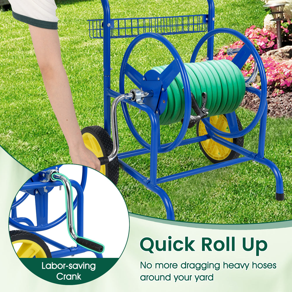 Garden hose reel cart in blue showing the labor-saving crank, designed for easy winding and unwinding of hoses.