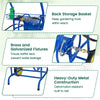 Garden hose reel cart in blue with storage basket, heavy-duty metal construction, and brass fixtures for durability.