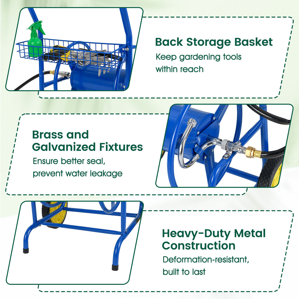 Garden hose reel cart in blue with storage basket, heavy-duty metal construction, and brass fixtures for durability.