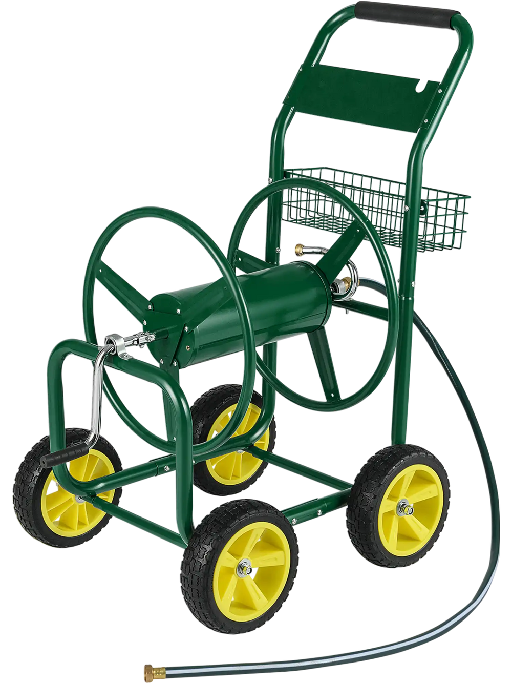 Metal garden hose reel cart in green with 4 wheels, storage basket, and 6 ft water inlet hose for easy maneuvering.