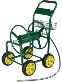 Metal garden hose reel cart in green with 4 wheels, storage basket, and 6 ft water inlet hose for easy maneuvering.