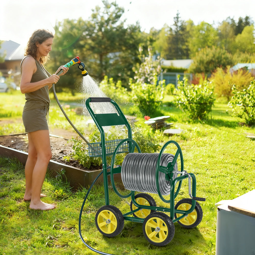 Garden hose reel cart in green with 4 wheels, holding a hose, perfect for watering plants and garden maintenance.