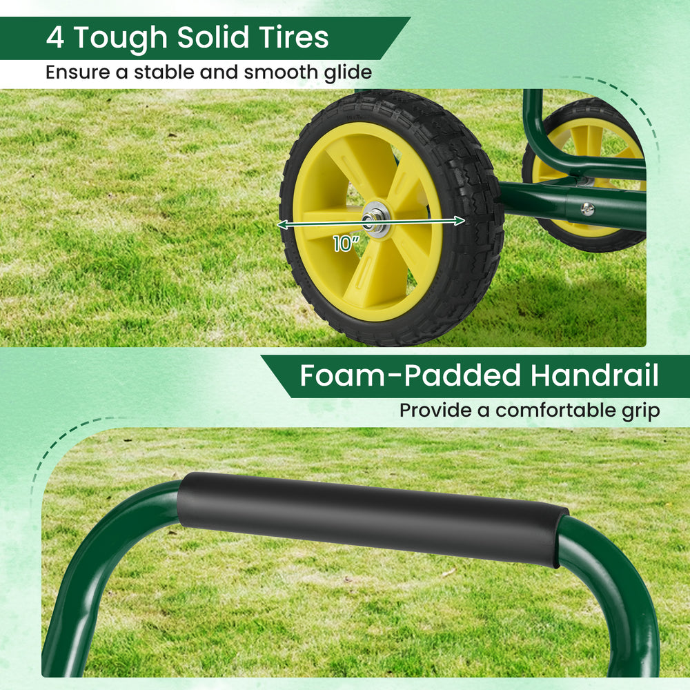 Garden hose reel cart with 4 solid tires and foam-padded handrail for easy maneuvering in the garden.