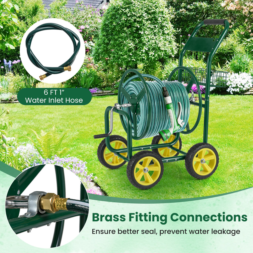 Garden hose reel cart with 4 wheels, brass fittings, and storage basket for easy garden watering and tool access.