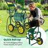 Garden hose reel cart featuring a sturdy metal frame, large wheels, and a convenient cutout for easy hose storage.