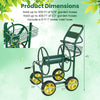 Garden hose reel cart in green with four wheels, storage basket, and dimensions for easy maneuverability in the garden.