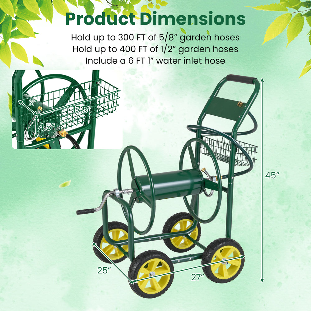 Garden hose reel cart in green with four wheels, storage basket, and dimensions for easy maneuverability in the garden.
