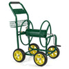Garden hose reel cart with four wheels, green metal frame, storage basket, holds up to 300 ft hose for easy gardening.