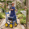 Heavy-duty blue garden hose reel cart with four wheels, designed for easy watering and storage in garden areas.