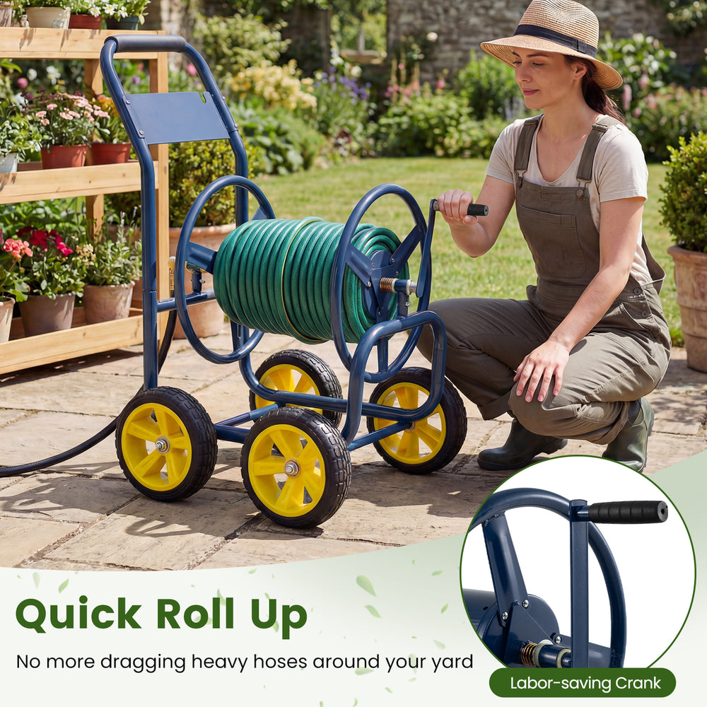 Garden hose reel cart with four wheels, heavy-duty metal, and labor-saving crank for easy hose organization.