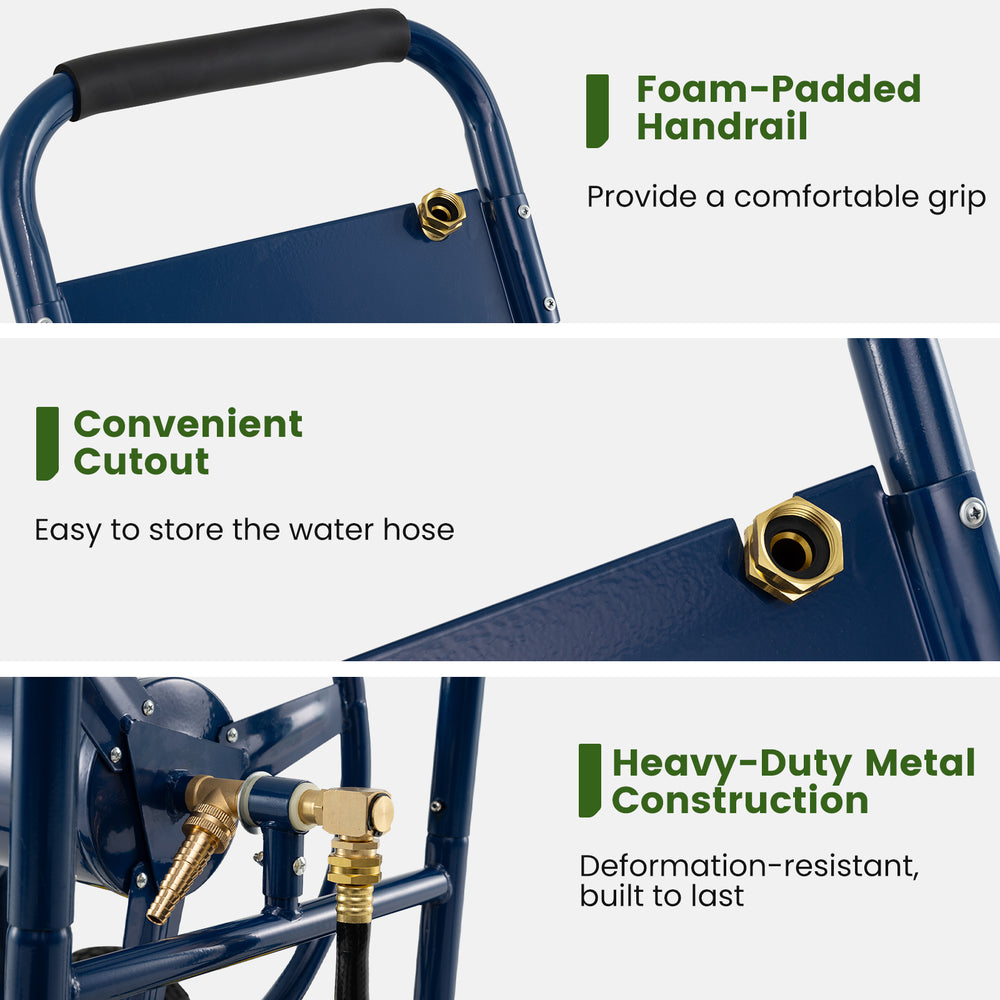 Foam-padded handrail and heavy-duty metal construction of the blue garden hose reel cart for easy and comfortable use.