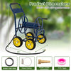 Heavy-duty blue garden hose reel cart with four wheels, featuring a labor-saving handle and brass fittings for easy use.