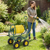 Garden hose reel cart with 300 ft capacity, four wheels, and storage basket, ideal for easy garden watering.