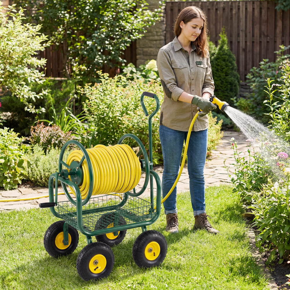 Garden hose reel cart with 300 ft capacity, four wheels, and storage basket, ideal for easy garden watering.