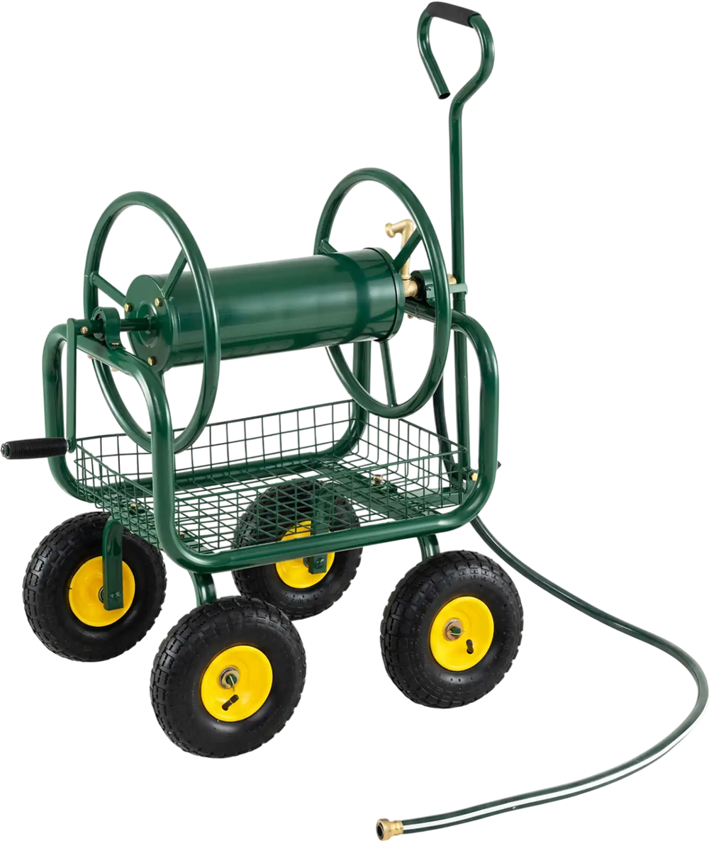 Garden hose reel cart with 4 wheels, storage basket, and capacity for 300 ft hose, ideal for easy garden watering.