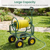 Garden hose reel cart with large capacity for 300 ft hose, featuring 4 wheels and a storage basket for tools.