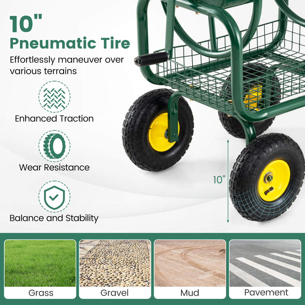 10-inch pneumatic tire of the green garden hose reel cart, designed for stability and maneuverability on various.