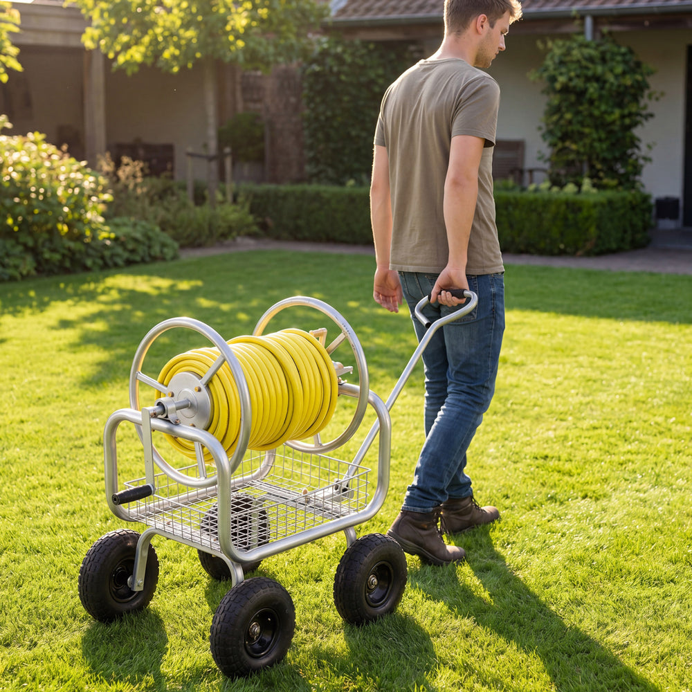Garden Hose Reel Cart 300 Feet Large Capacity with 4 Wheels and Storage Basket-Silver - Gallery View 1 of 12