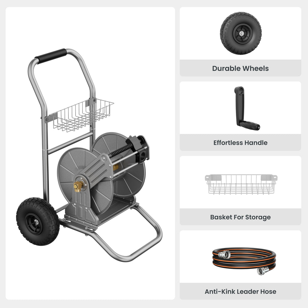 Giraffe Tools SW-8C Garden Hose Reel Cart 2 Wheels Stainless Steel Silver New
