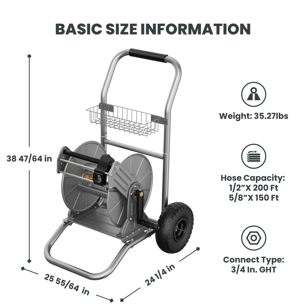 Giraffe Tools SW-8C Garden Hose Reel Cart 2 Wheels Stainless Steel Silver New
