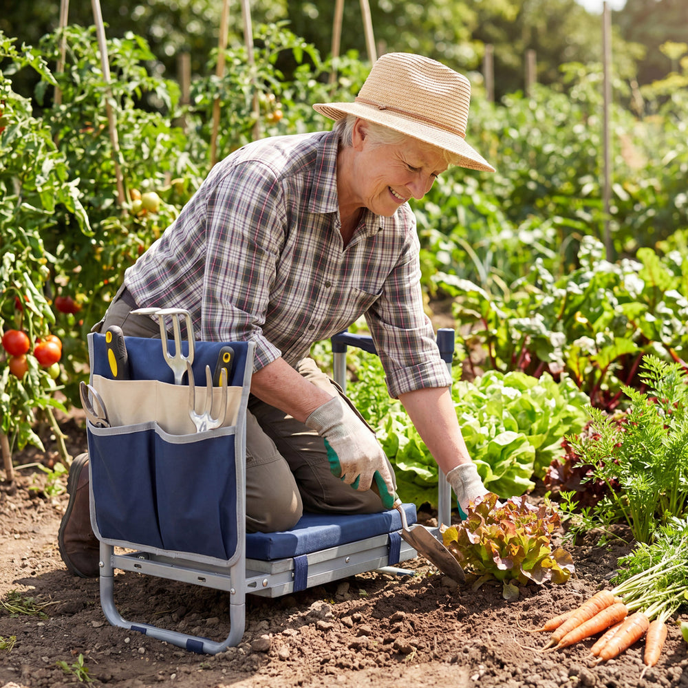 Garden kneeler and seat with wide EVA foam padding, navy color, ideal for gardening and outdoor tasks.