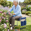 Garden kneeler and seat in navy, featuring wide EVA foam padding, used for gardening with tools in a flower bed.