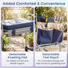 Garden kneeler and seat with detachable kneeling pad and tool pouch, featuring wide EVA foam for comfort and stability.