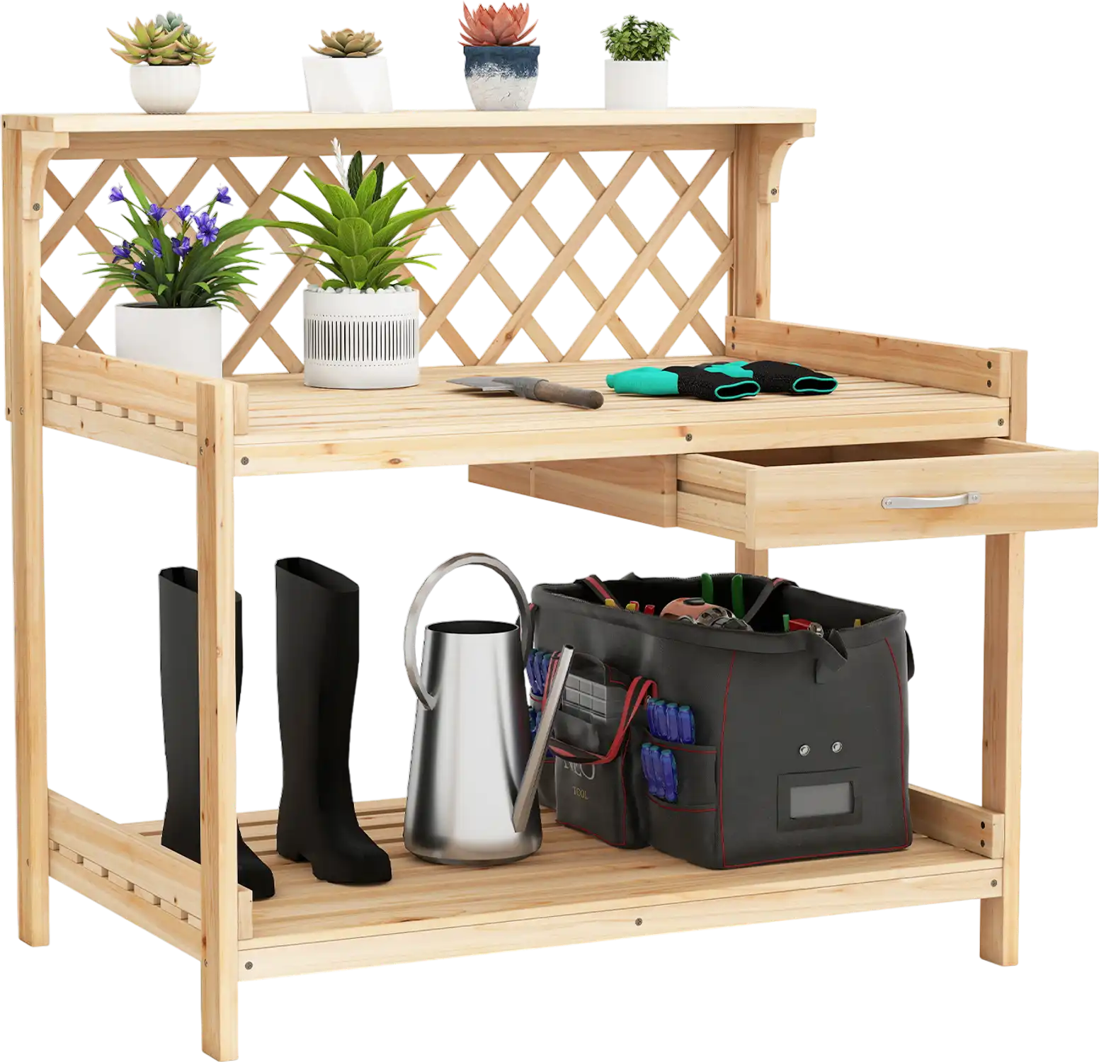 Costway Wooden Garden Potting Bench Table with Lattice Trellis 57280895 New