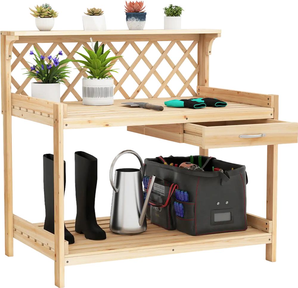Garden Potting Bench Table Wooden Planting Workstation with Lattice Trellis