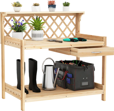 Costway Wooden Garden Potting Bench Table with Lattice Trellis 57280895 New