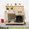 Wooden garden potting bench with lattice trellis, spacious countertop, slide-out drawer, and ample storage for.