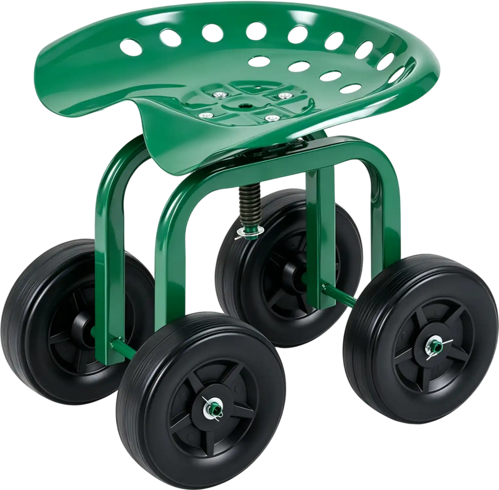 Garden rolling workseat with a green powder-coated metal frame, 360° swivel seat, and adjustable height for outdoor use.