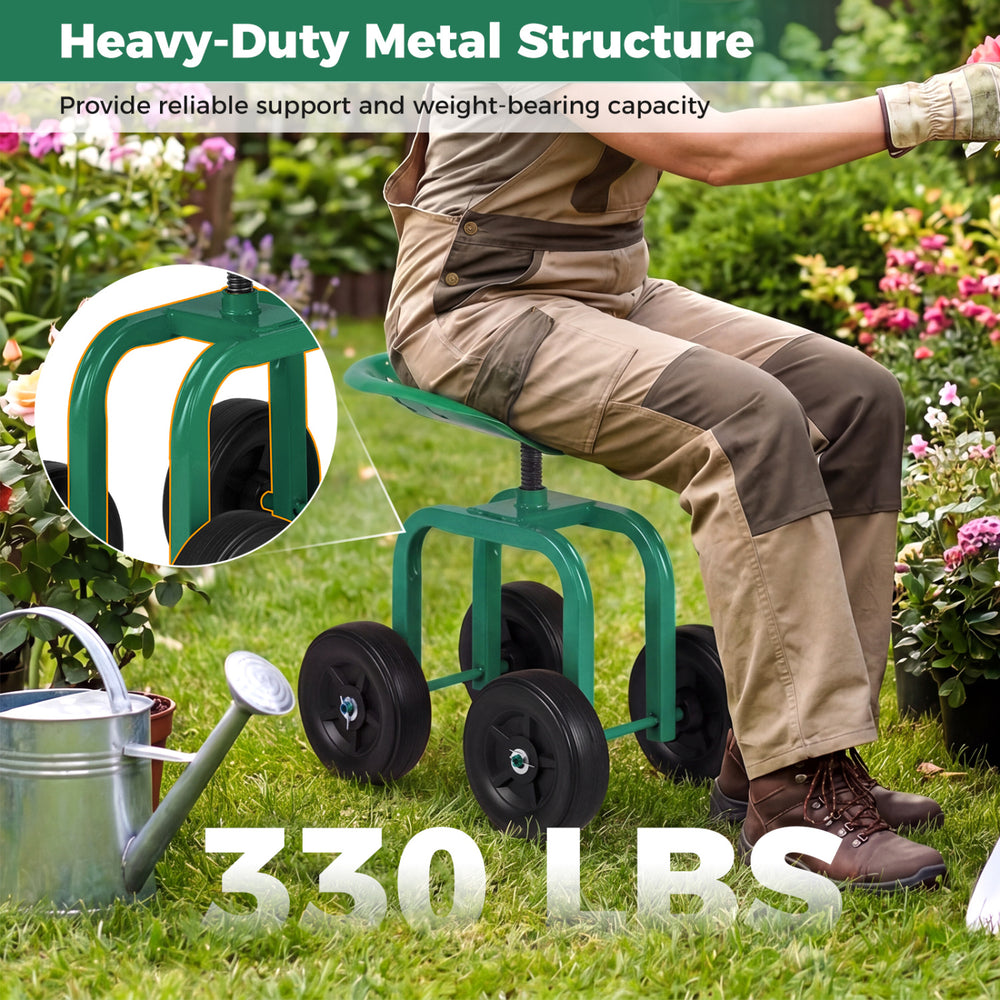 Garden rolling workseat in green with 360° swivel seat, adjustable height, and heavy-duty metal structure for outdoor.