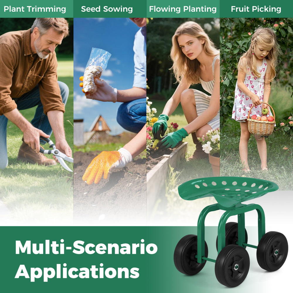 Garden rolling workseat with 360° swivel seat, adjustable height, and durable wheels for comfortable gardening tasks.