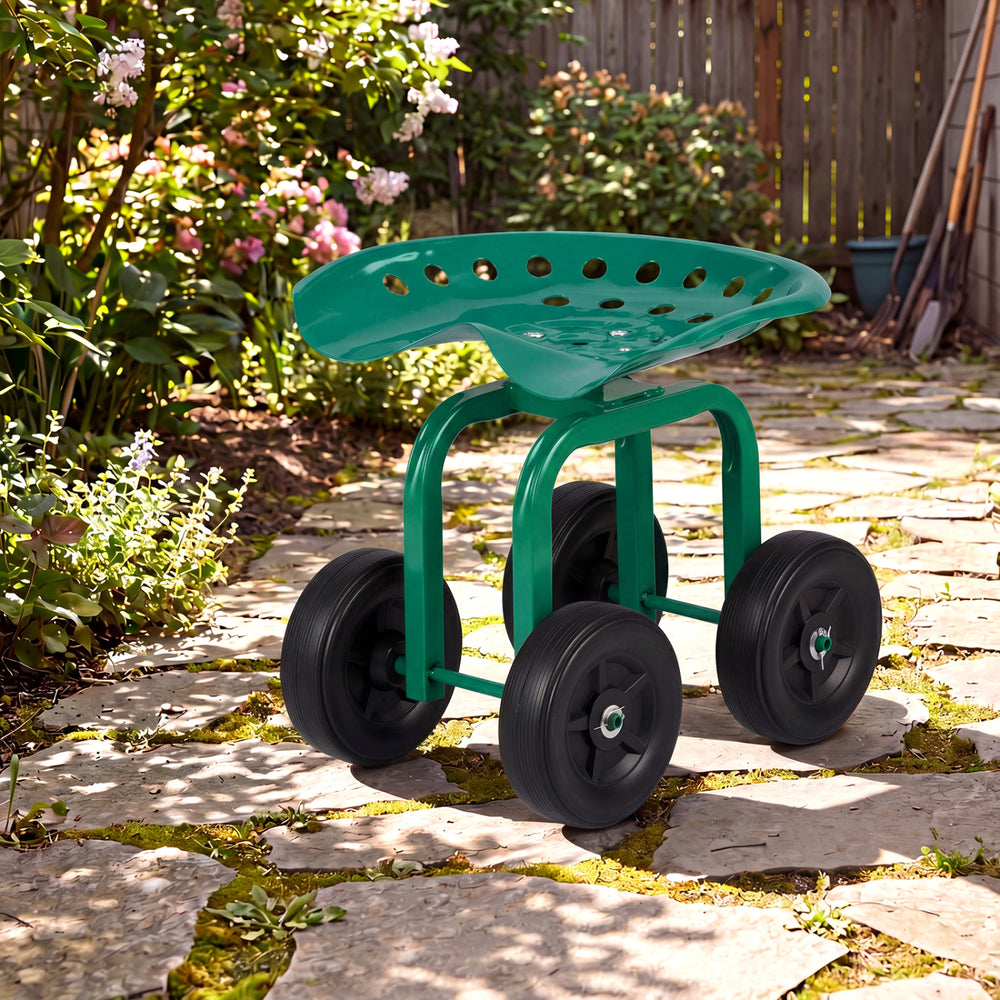 Garden rolling workseat in green with 360° swivel seat, adjustable height, and durable wheels for easy mobility.