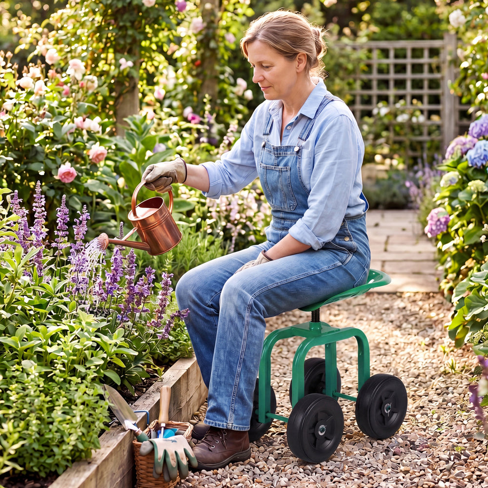 Garden rolling workseat in green with 360° swivel seat, adjustable height, and large wheels for easy mobility in the.
