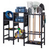 Garden tool organizer with wooden shelves, featuring a heavy-duty metal frame and multiple storage options for garage.