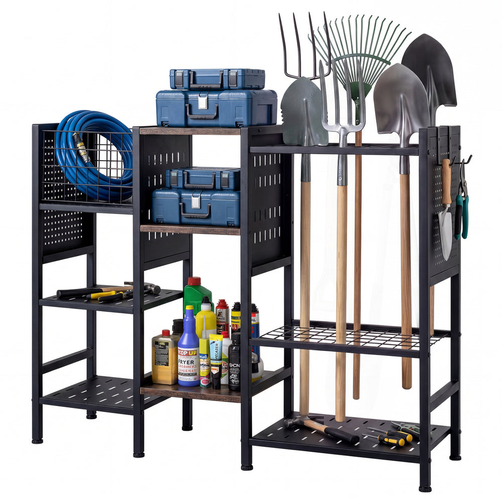 Garden tool organizer with wooden shelves, featuring a heavy-duty metal frame and multiple storage options for garage.