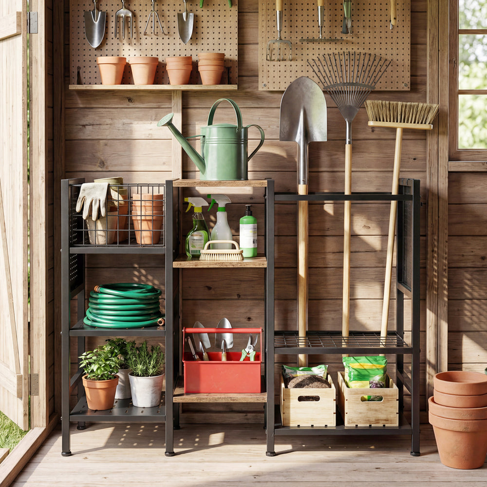 Garden tool organizer with wooden shelves, featuring a black metal frame and open-access design for efficient storage.
