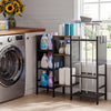 Garden tool organizer with wooden shelves, featuring a black metal frame and multiple slots for efficient storage in.