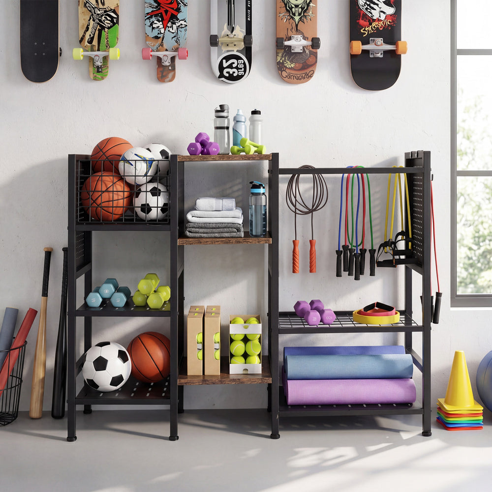 Garden tool organizer with wooden shelves, featuring a heavy-duty metal frame and open-access design for efficient.