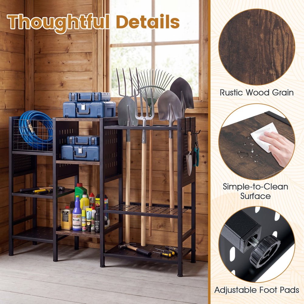 Garden tool organizer with rustic wood grain shelves, featuring 66 slots and adjustable foot pads for garage storage.