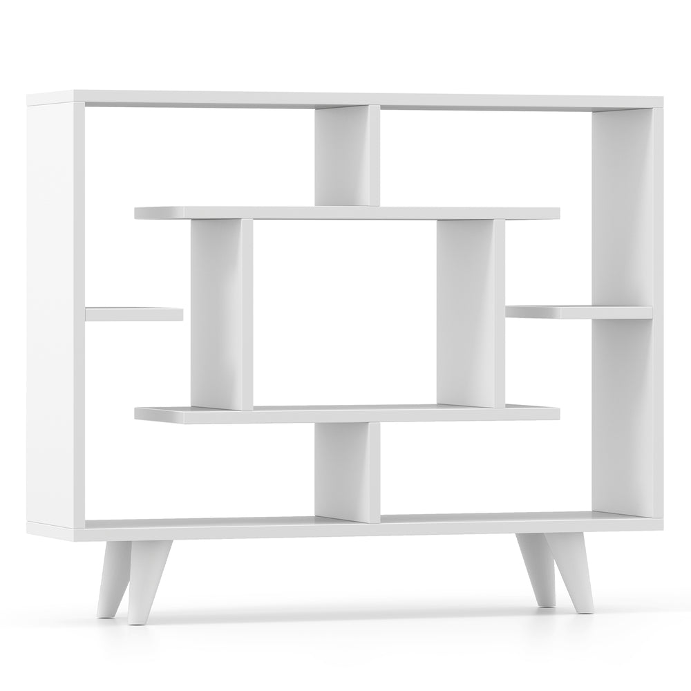 Geometric white bookcase with multiple shelves and anti-tipping kit, ideal for living room or office organization.