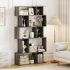 5-tier geometric bookshelf in oak with open shelves and closed-back cubes, perfect for books and decor in any room.