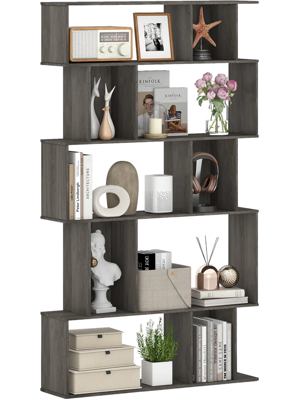 5-tier geometric bookshelf in oak with open shelves and closed-back cubes, ideal for books and decor in any space.