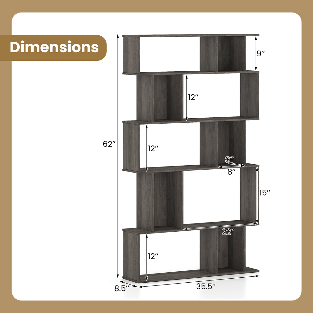 5-tier geometric bookshelf with dimensions, featuring open shelves and closed-back cubes for versatile storage.