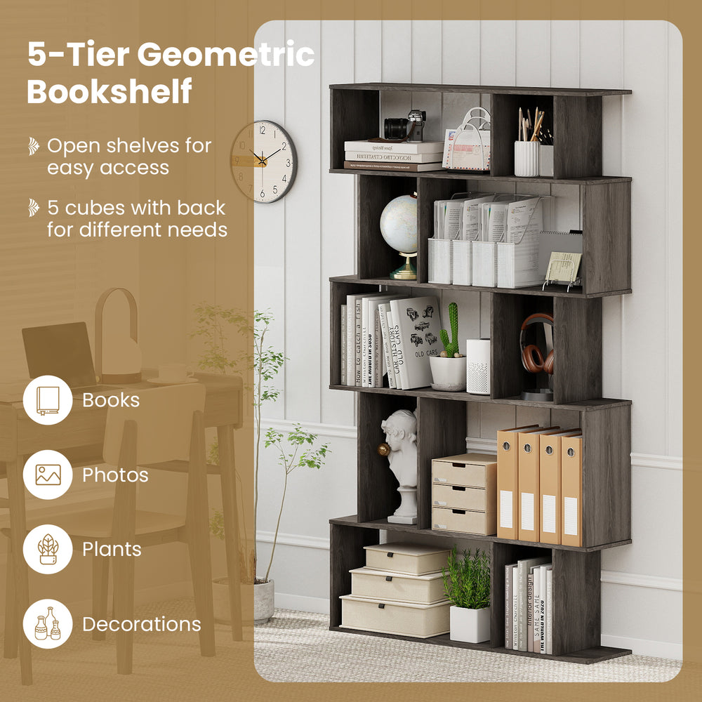 5-tier geometric bookshelf with open shelves and closed-back cubes, perfect for books, photos, and plants in any space.