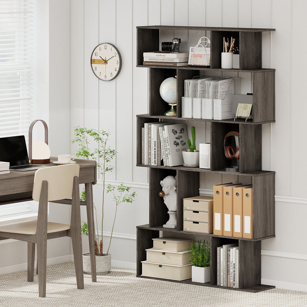 5-tier geometric bookshelf in oak with open shelves and closed-back cubes for books and decor, ideal for home office.