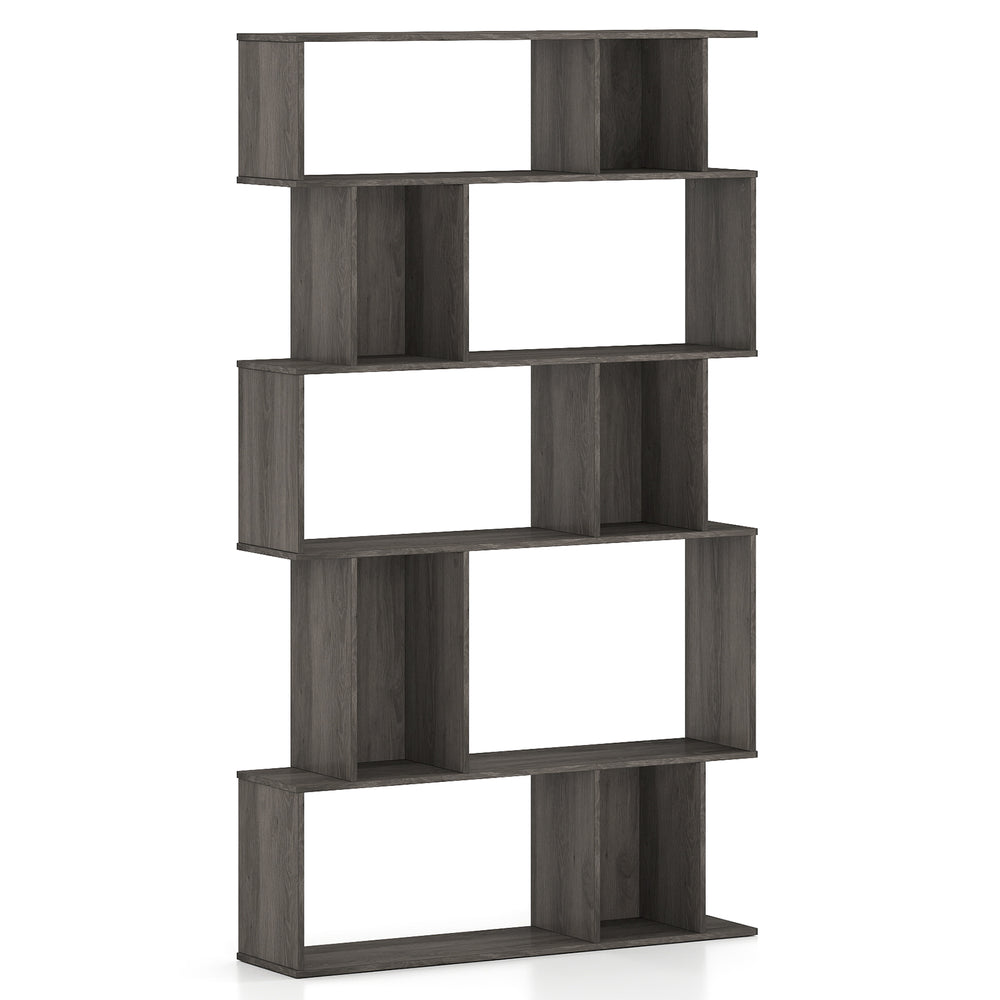 5-tier geometric bookshelf in oak with open shelves and closed-back cubes, ideal for books and decor in tight spaces.